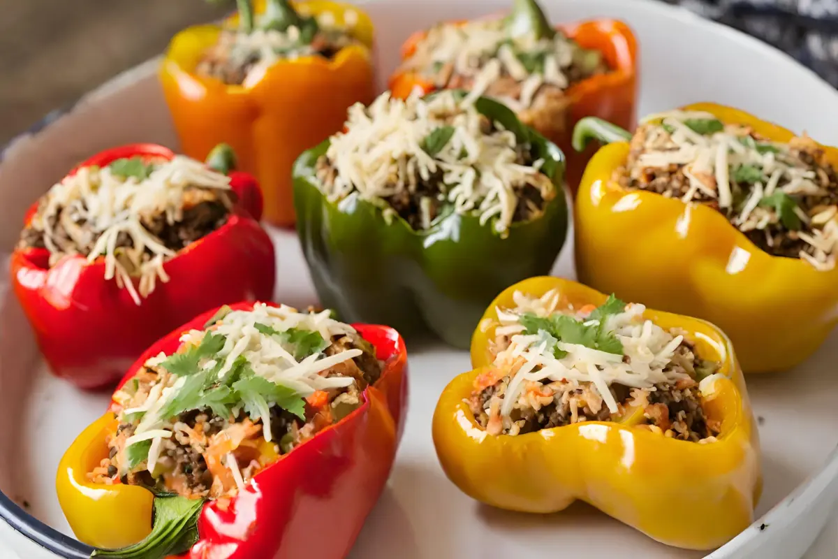 Assorted bell peppers in red, yellow, and green, ideal for stuffing.