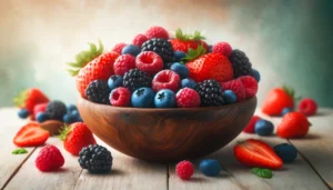 Various fresh berries in a wooden bowl on a wooden table