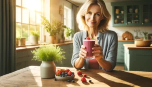 Woman enjoying a berry smoothie in a sunny kitchen