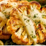 Gourmet presentation of cauliflower steaks with cheese on a plate