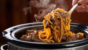 Adding egg noodles to simmering beef in a crock pot